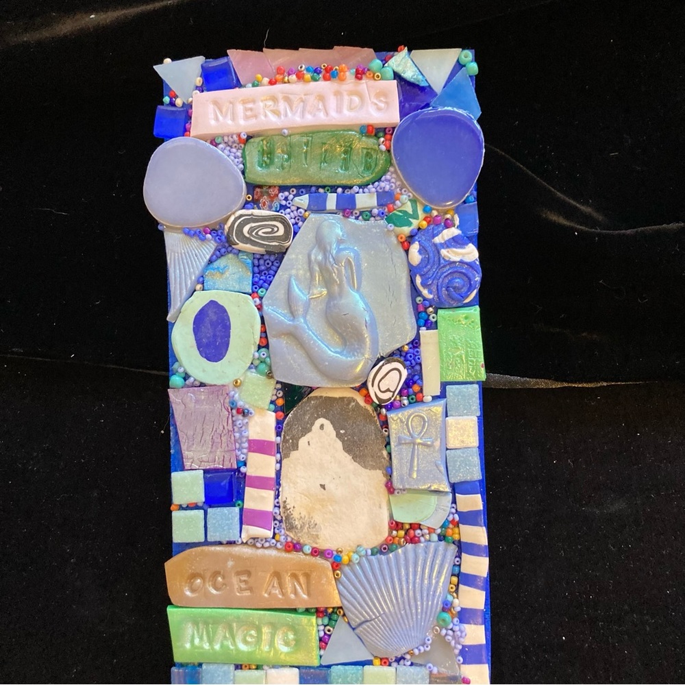 Handmade Clay Mosaic Art “Ocean Magic “Polymer Clay Original On Wood 8”x4”
